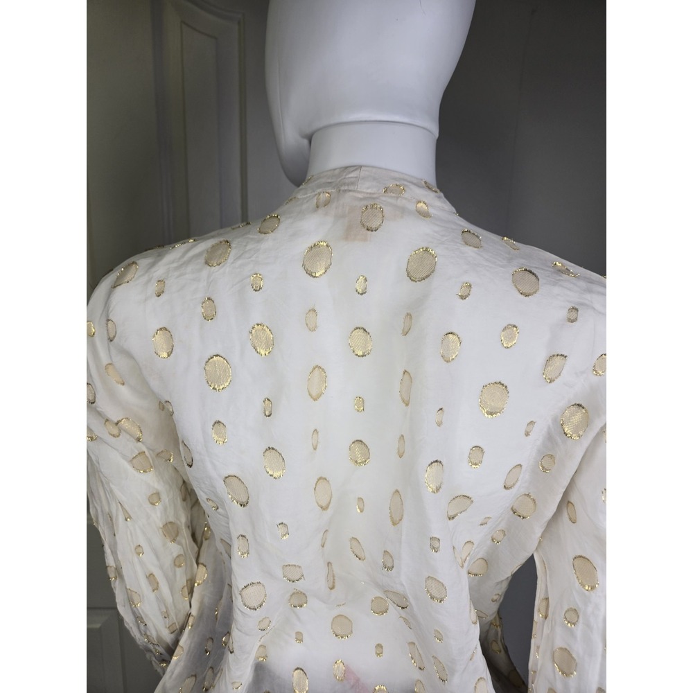 Michael Kors Cream Gold Dot Silk Blend Tie Neck Smock Blouse Top Sheer‎ small S - Picture 6 of 10